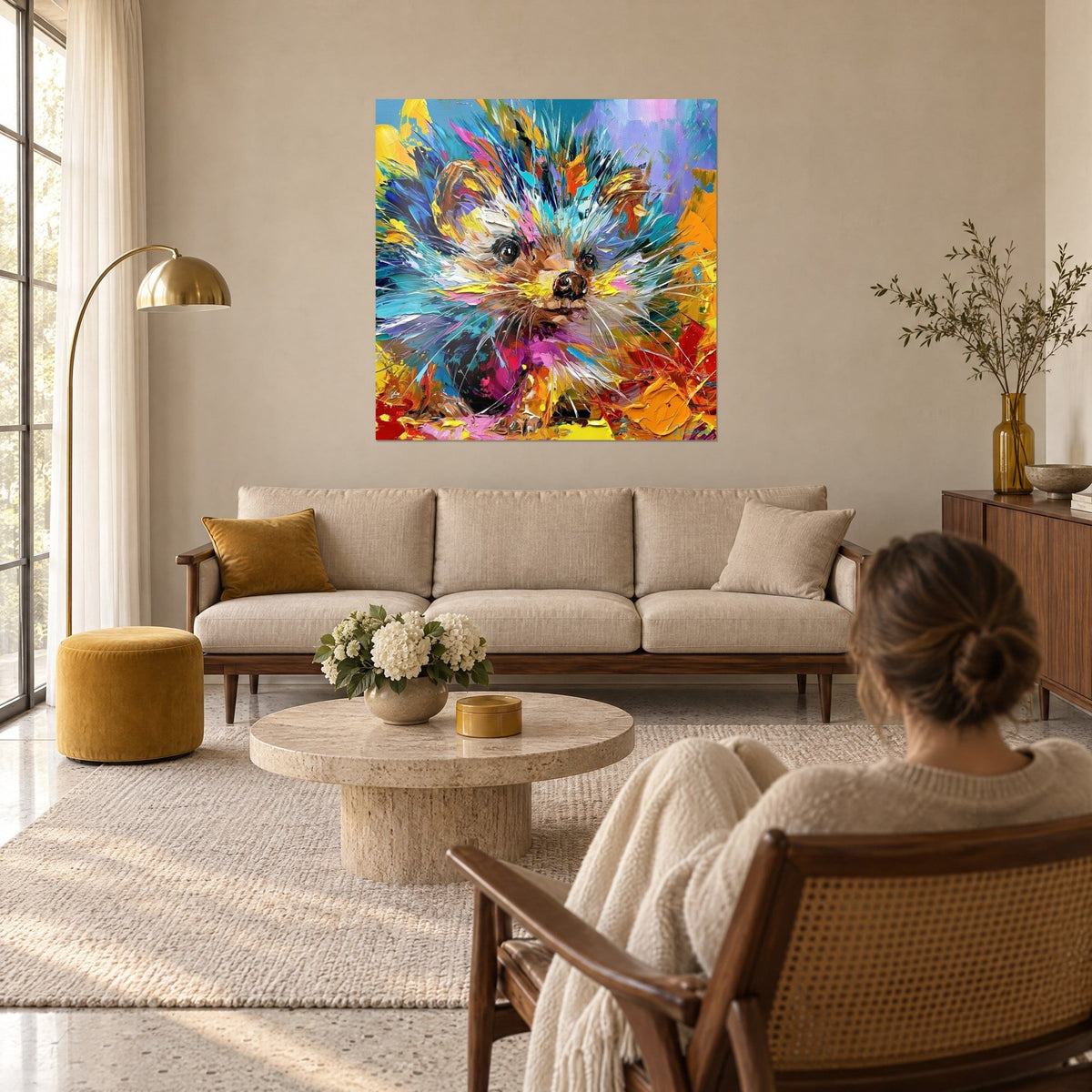 Wall art hedgehog with turquoise and orange quills, thick knife-applied paint, above a sofa in a bright living room