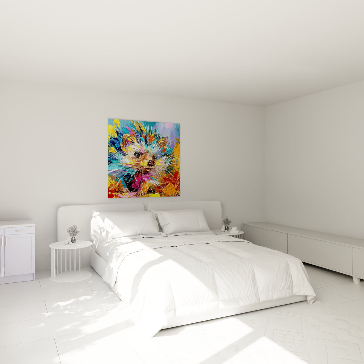 Museau perçant du hérisson orange et violet accroché au-dessus d'un lit dans une chambre claire