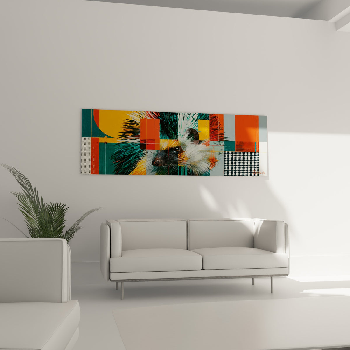Piquants blancs et sombres du hérisson sur fond orange vif, au-dessus d'un canapé dans un salon lumineux