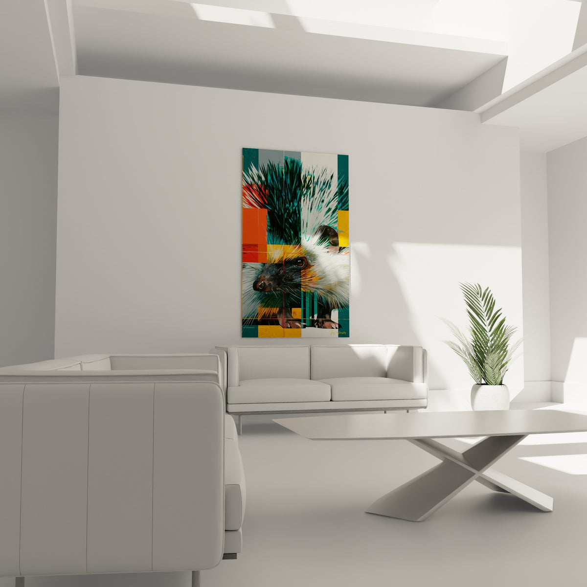 Piquants blancs et sarcelle du hérisson stylisé, au-dessus d'un canapé dans un salon lumineux
