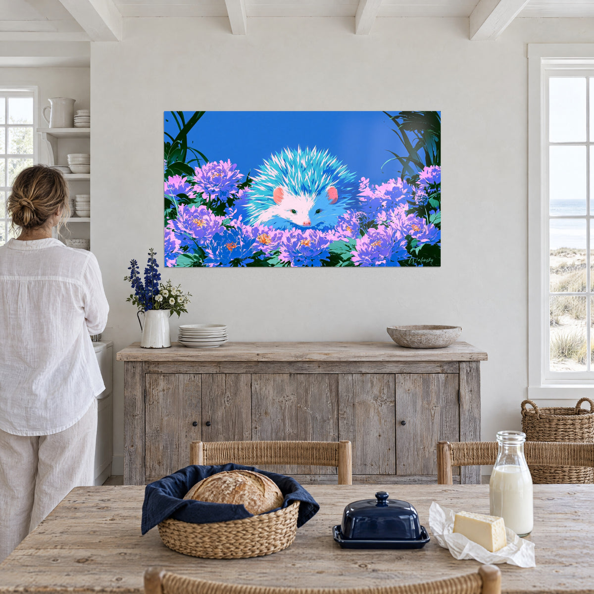 Wall art mammal with white belly, glacier blue spines, purple peonies with orange hearts, white wall facing the sea