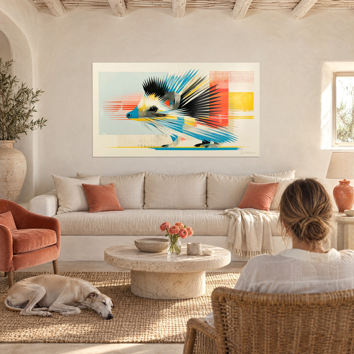 Tableau hérisson graphique aux piquants noirs et bleus sur aplats orange, accroché au-dessus d'un canapé dans un salon lumineux