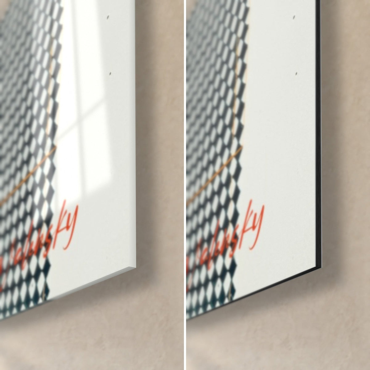 Wall art hedgehog, bottom right corner: black and white diamond pattern, red signature, glossy glass and matte Dibond, 3 mm thick
