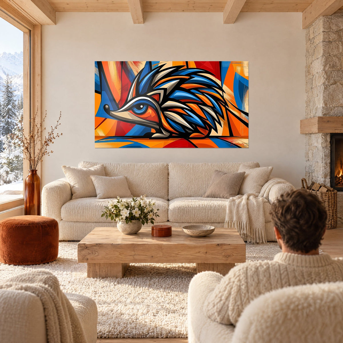 Wall art cubist hedgehog with blue and orange quills, pointed snout and azure eye, two people seen from behind above a sofa in a bright living room