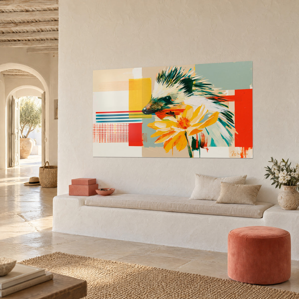 Wall art hedgehog with a pointed snout and bold red and mustard yellow color blocks, seen three-quarter view in a bright Mediterranean room