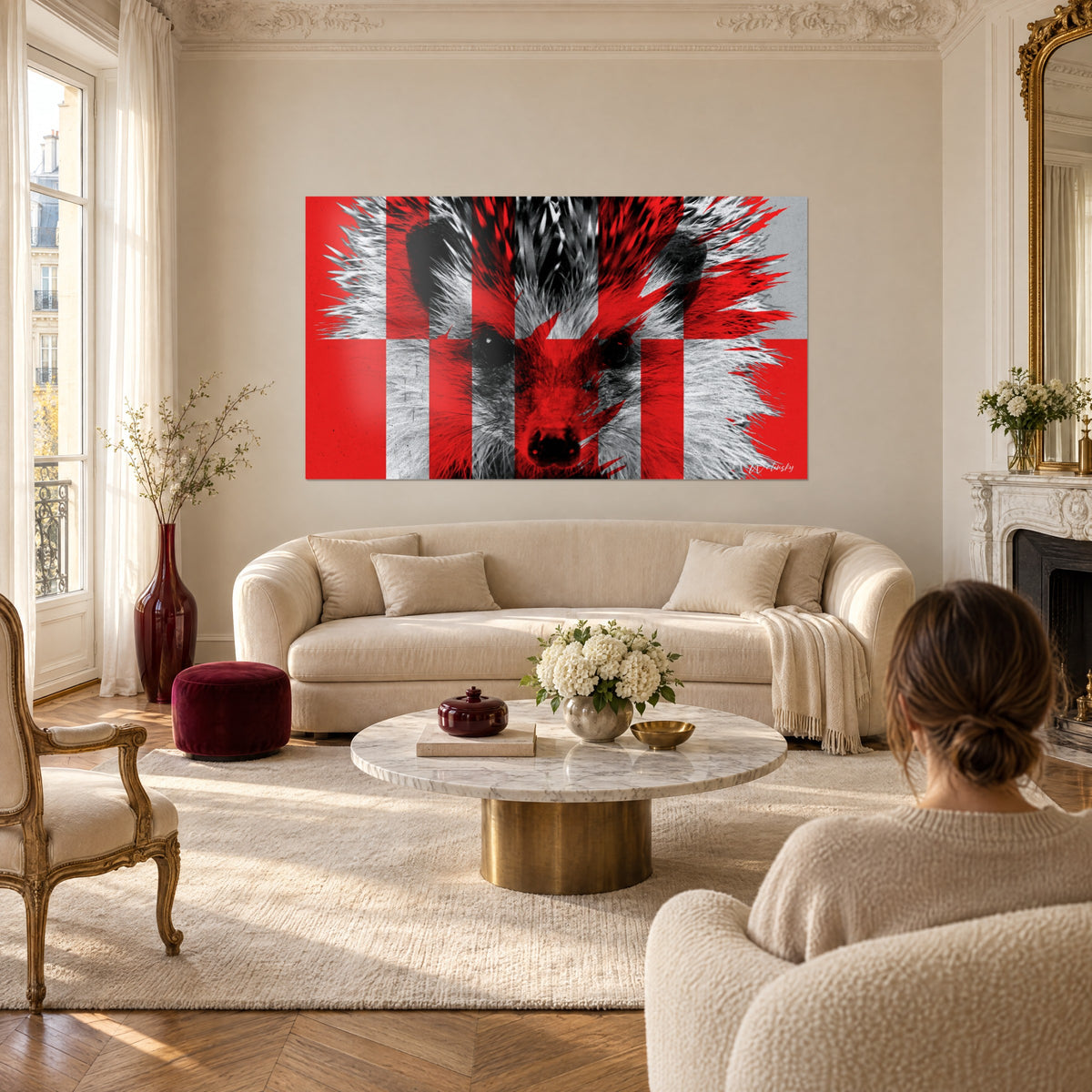 Wall art hedgehog snout front view, bright red and pearl grey checkerboard, bristling white quills, above a sofa in a bright living room
