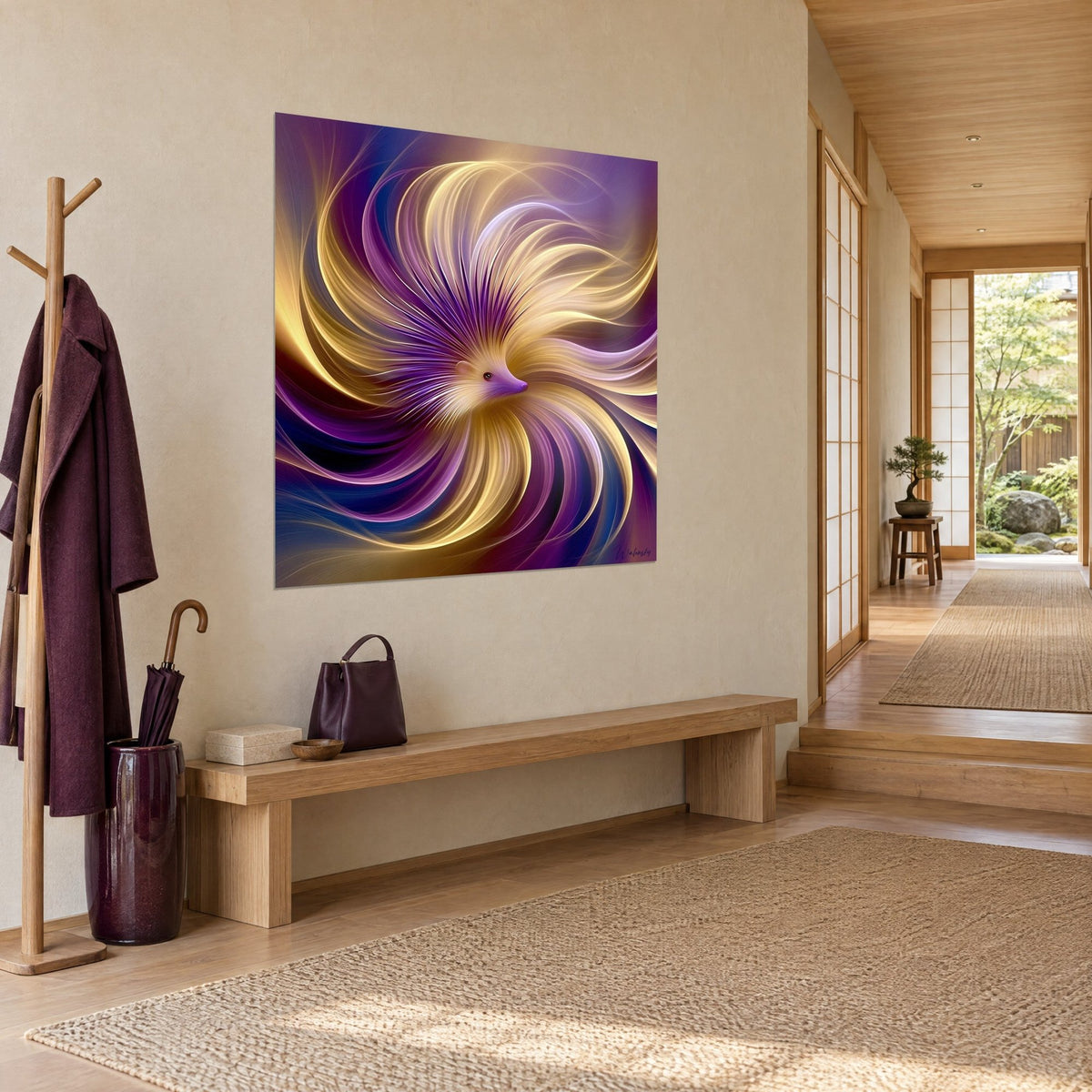 Tableau petit animal à épines ocre et mauves tourbillonnantes, museau rose, vu de trois quarts dans une entrée en bois clair