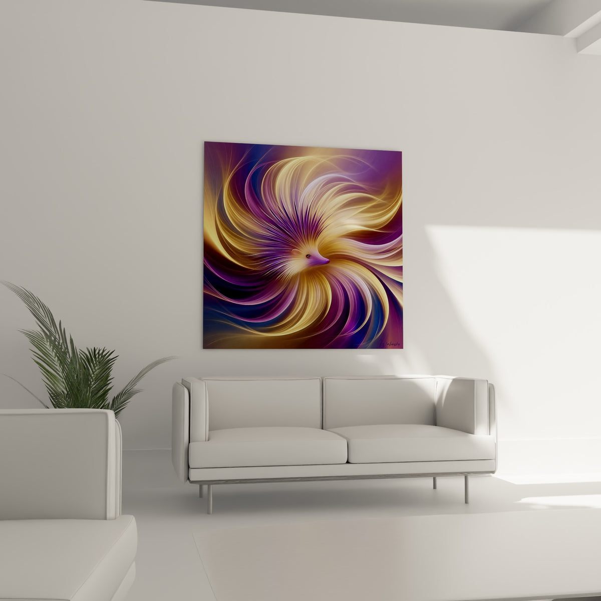 Créature à piquants tourbillonnants violet et or, accrochée au-dessus d'un canapé dans un salon lumineux