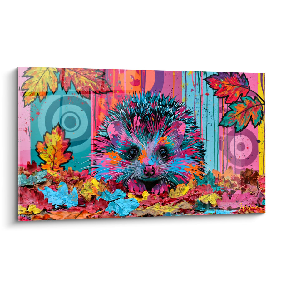 Tableau Hérisson rose et turquoise parmi les feuilles - Surprise automnale - Edition Hérisson
