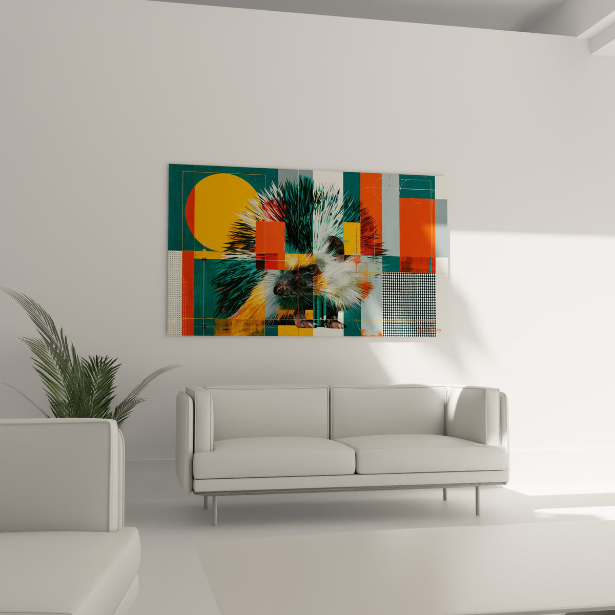 Regard perçant du hérisson blanc et sarcelle placé au-dessus d'un canapé dans un salon lumineux
