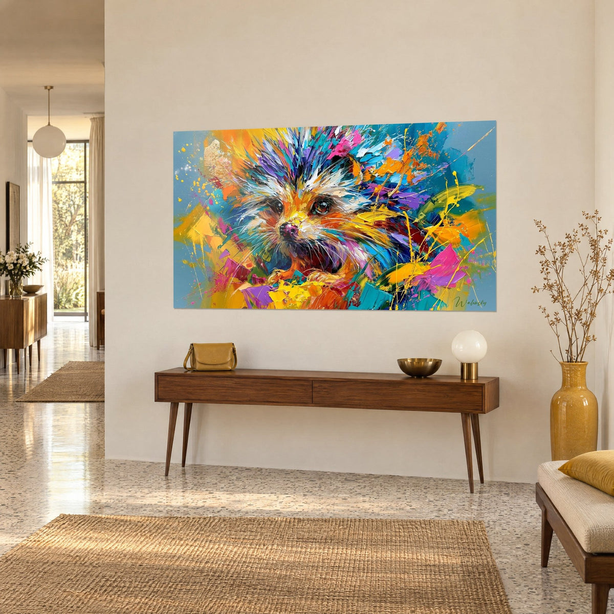 Schilderij portret van een kleine egel in oranje en blauwe paletmesstreken, gouden spatten, boven een houten console