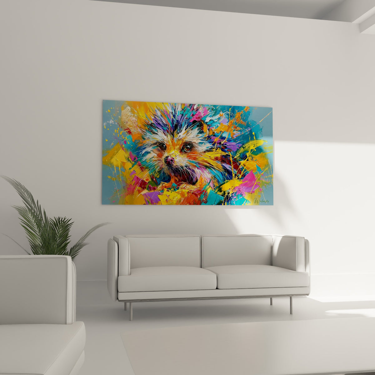 Regard intense du hérisson coloré, piquants turquoise et fuchsia, au-dessus d'un canapé dans un salon lumineux