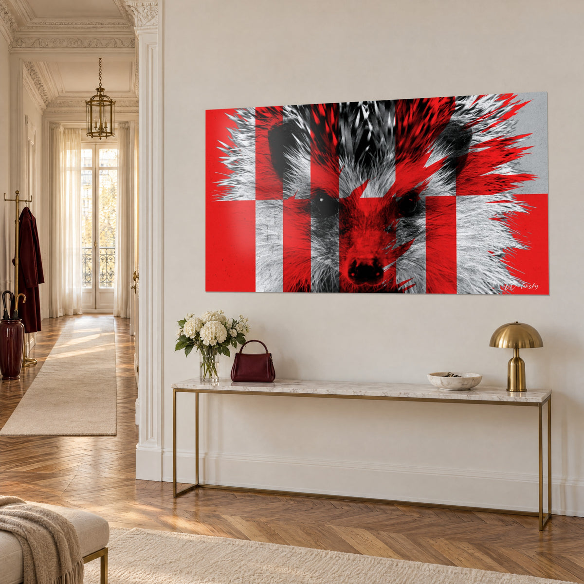 Wall art animal portrait with silvery quills, vertical red and grey stripes, piercing black eyes, on a cream Haussmann-style wall