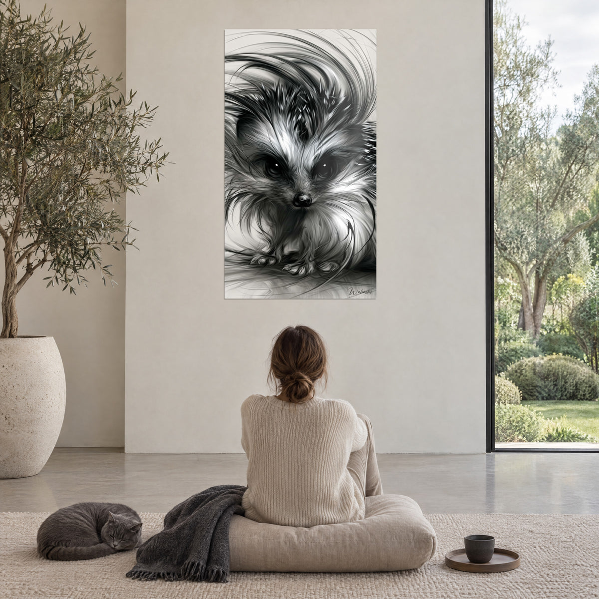 Quadro riccio disegnato a tratti di carboncino, grigio perla e nero, giovane donna di spalle su un pouf beige, gatto shorthair calmo al suo fianco
