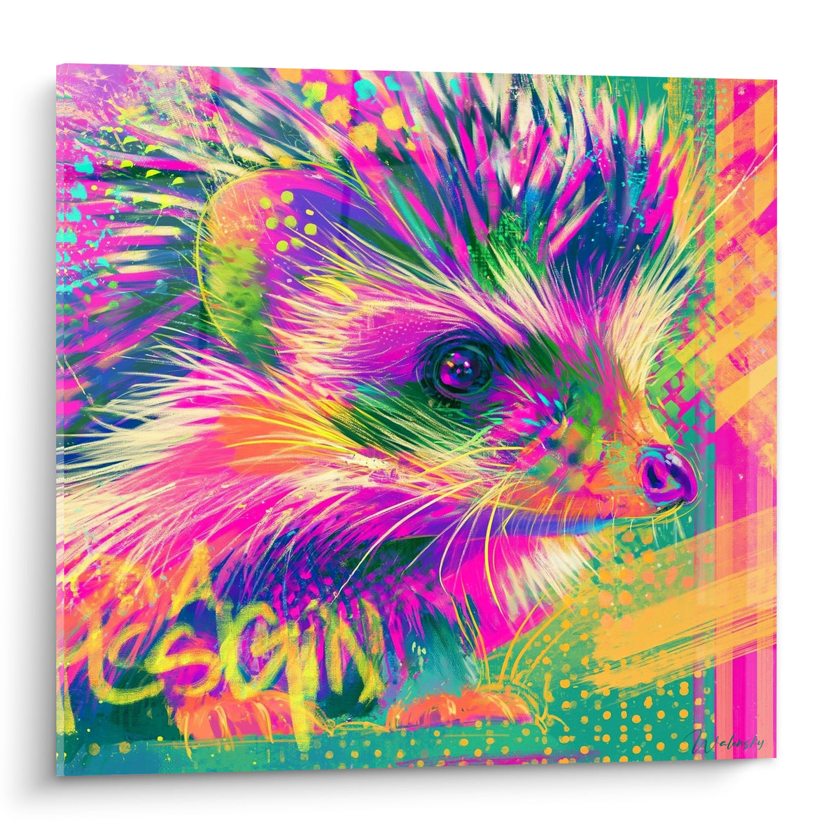 Hérisson fluo rose et vert peint façon graffiti urbain avec museau orangé et regard vif