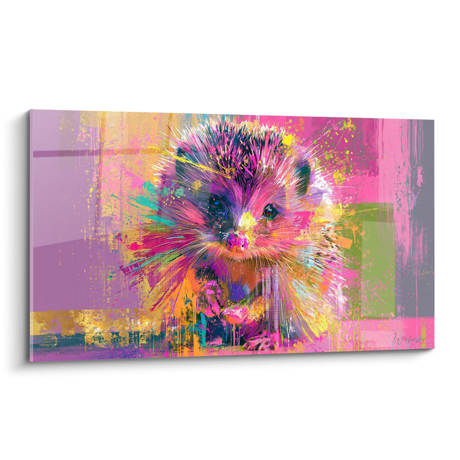 Tableau Hérisson rose et violet aux éclaboussures dorées - Face débordante de couleurs - Edition Hérisson