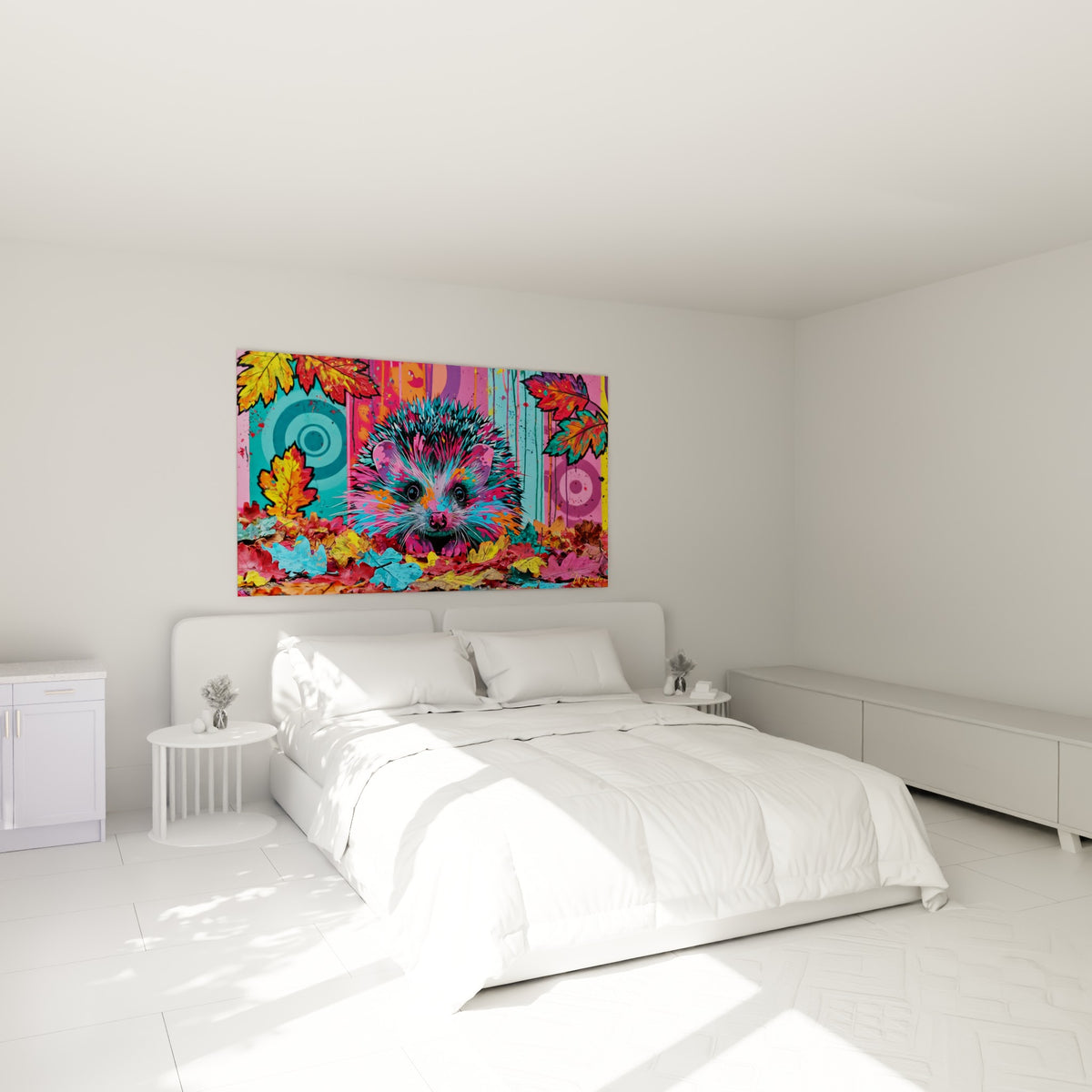 Museau de hérisson orange et bleu turquoise accroché au-dessus d'un lit dans une chambre claire