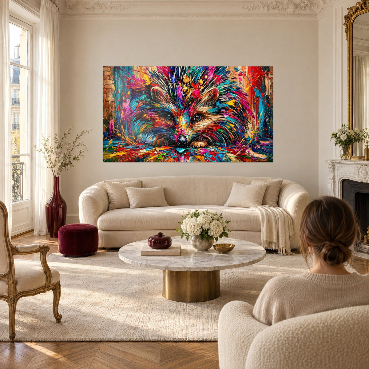 Gemälde Igel zusammengerollt mit fuchsia-, türkisfarbenen und goldenen Stacheln, glänzender dunkler Blick, über einem Sofa in einem hellen Wohnzimmer