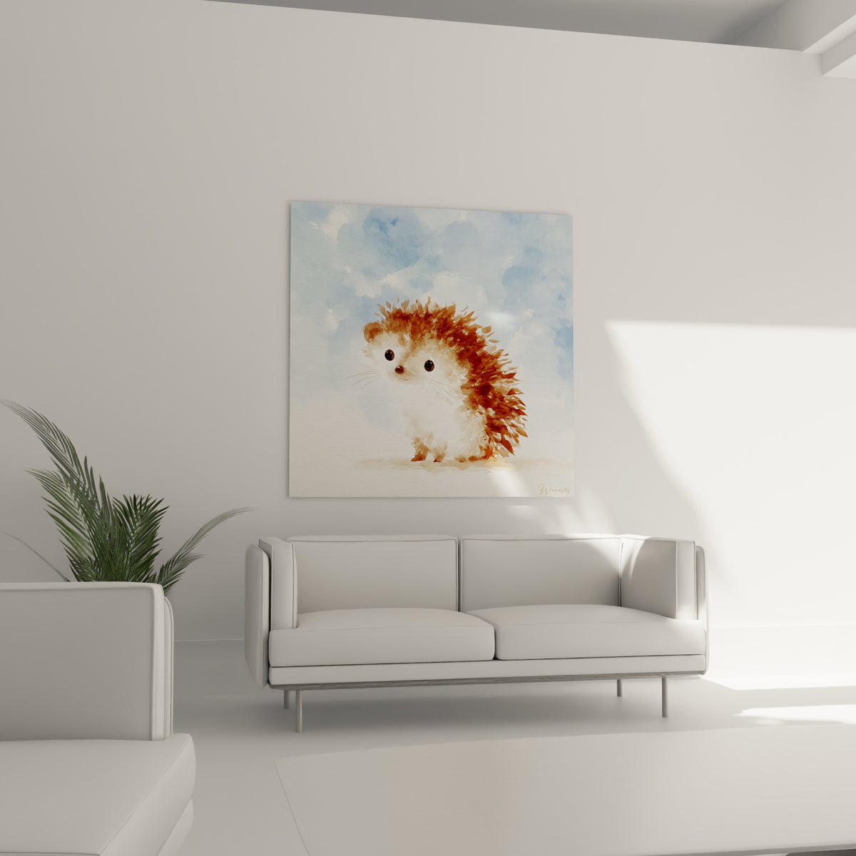 Petit hérisson terracotta et crème, silhouette douce en aquarelle, au-dessus d'un canapé dans un salon lumineux