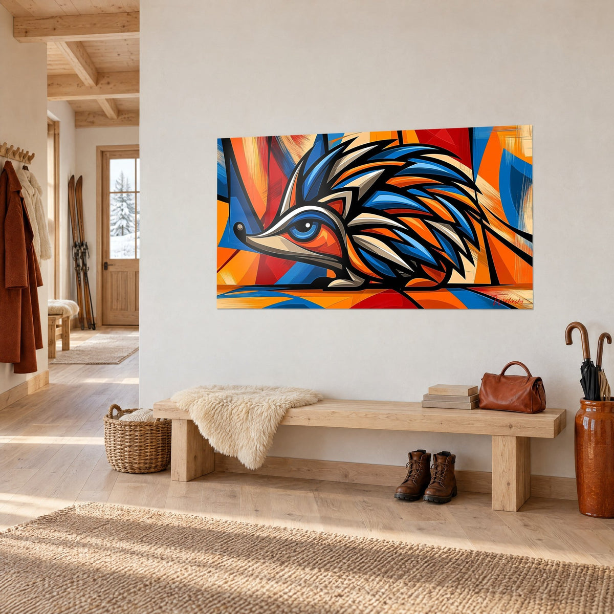 Wall art animal with geometric quills in cobalt blue and vivid orange, outlined in black, hung above a light wooden bench in a chalet entrance