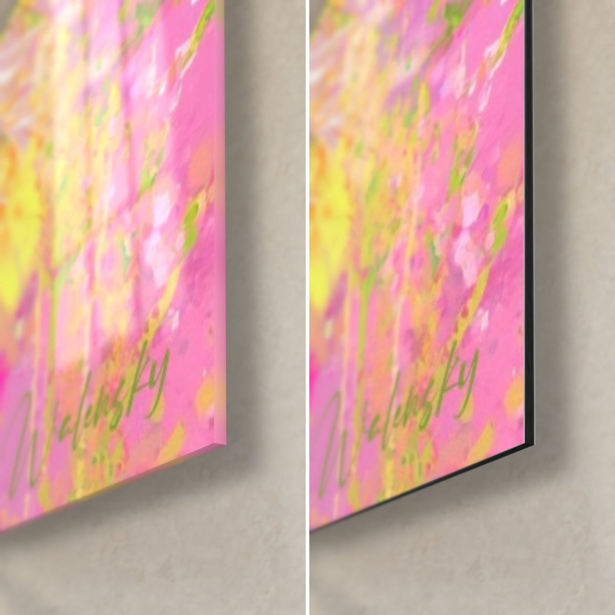 Gemälde Igel mit rosa Stacheln, untere rechte Ecke: glänzendes Acrylglas links, mattes schwarzes Dibond rechts, 3 mm Kante