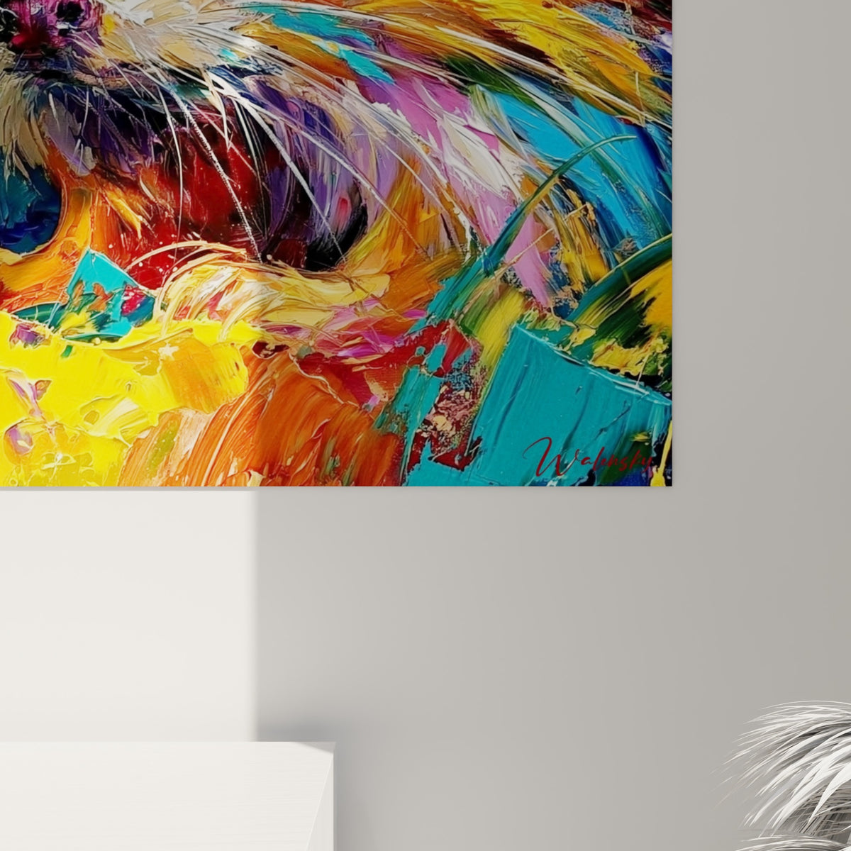 Empâtements épais de peinture dorée, turquoise et fuchsia formant les piquants d'un hérisson en gros plan
