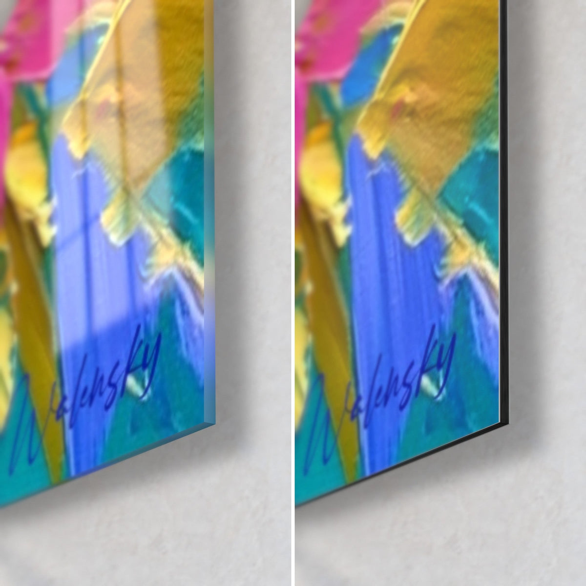 Schilderij egel in dik impasto, rechtsonder: glanzend glas links, mat Dibond rechts, blauw en geel