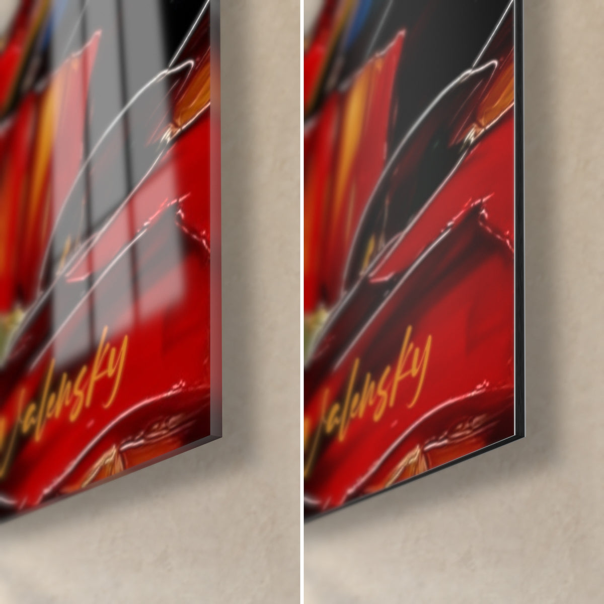 Wall art hedgehog with bright red quills, bottom right corner: glossy acrylic glass with reflections and matte white Dibond, 3 mm edge
