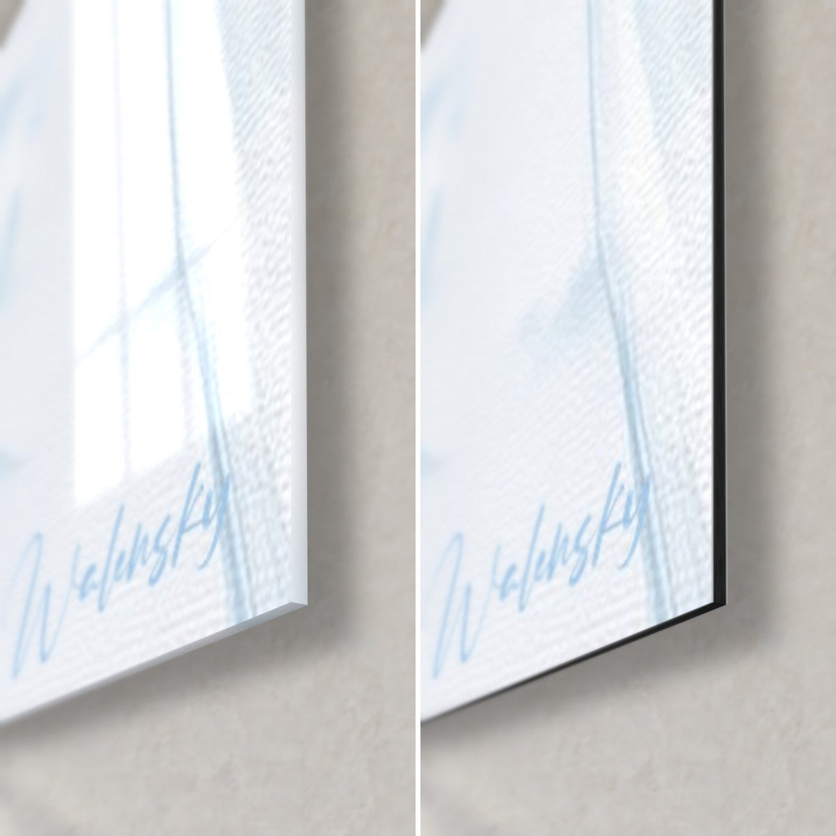 Schilderij egel met lichtblauwe en witte toetsen, rechtsonder: glanzend acrylglas links, mat Dibond rechts