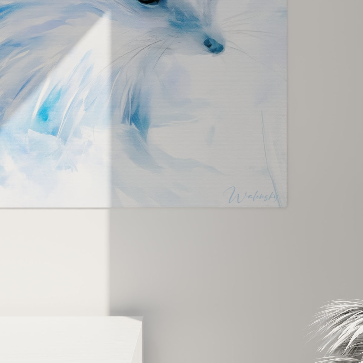 Empâtements bleu marine et blanc du pelage hérissé, coulures fines et grain de toile visibles en gros plan