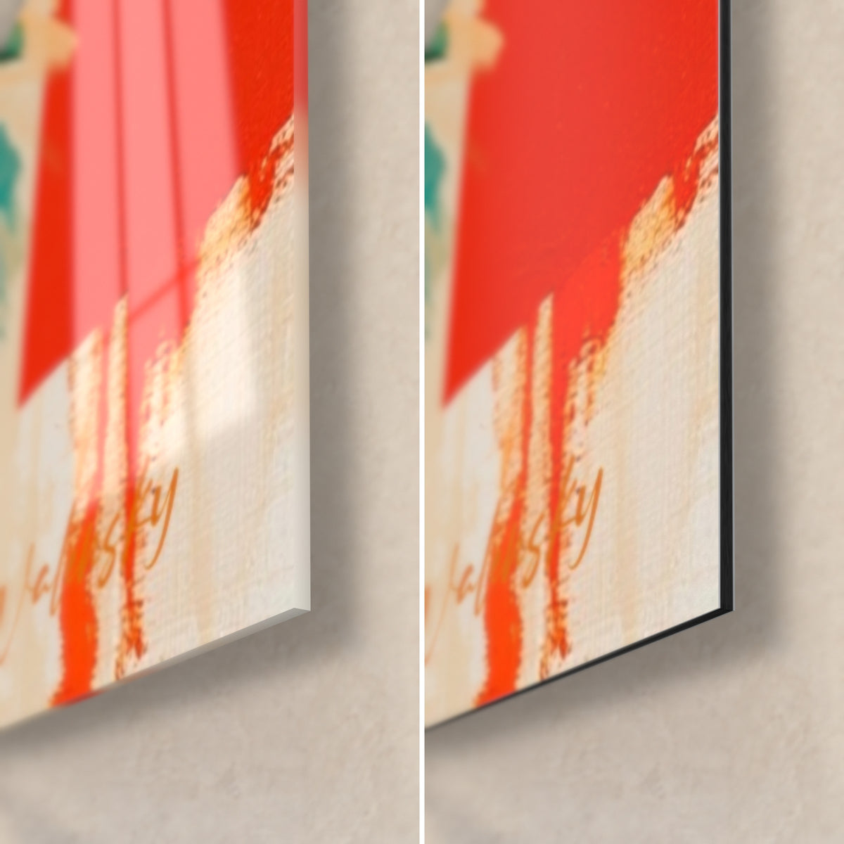 Wall art hedgehog with emerald quills, bottom right corner: glossy acrylic glass and matte red and cream Dibond aluminum