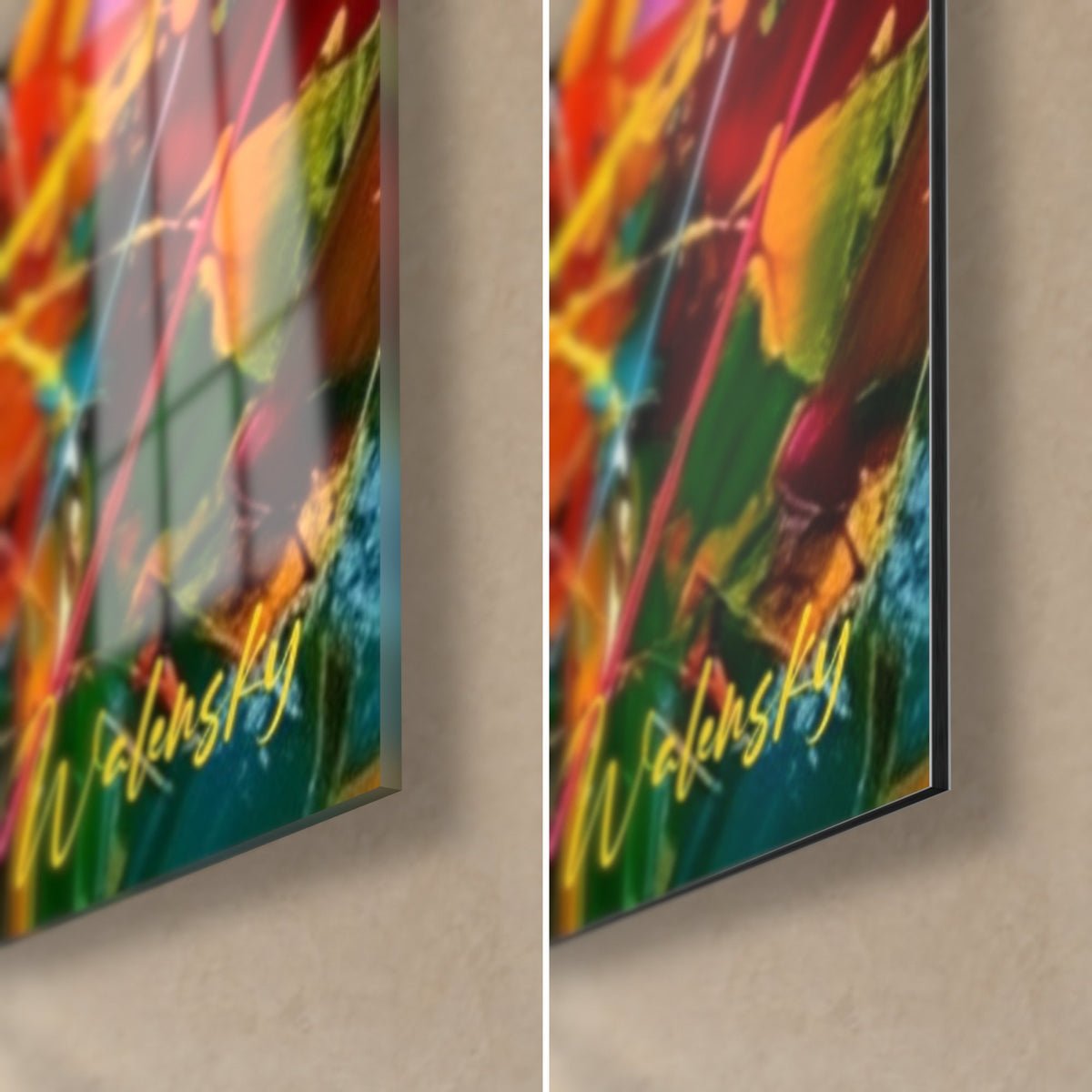 Tableau hérisson coloré, coin bas droit : signature dorée sur verre acrylique brillant et alu Dibond mat noir, tranche de 3 mm