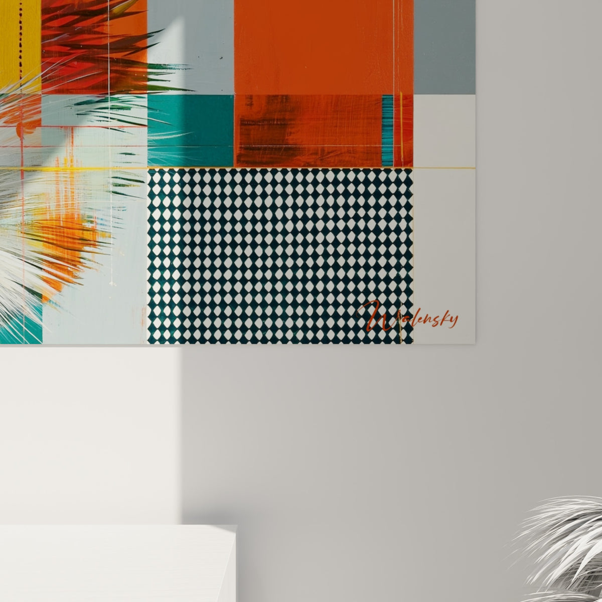 Empâtements orange et turquoise autour du museau noir du hérisson, grain de la toile visible en gros plan