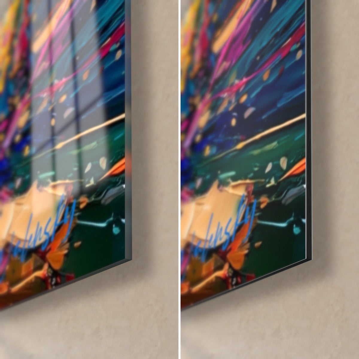 Gemälde Igel in dickem Farbauftrag, untere rechte Ecke mit glänzendem Glas und mattem Dibond, orangefarbene und türkisfarbene Flecken, 3 mm Stärke