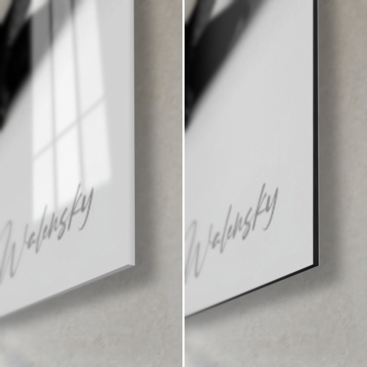 Tableau petit mammifère épineux, coin bas droit, verre acrylique brillant aux reflets et Dibond mat noir, tranche de 3 mm