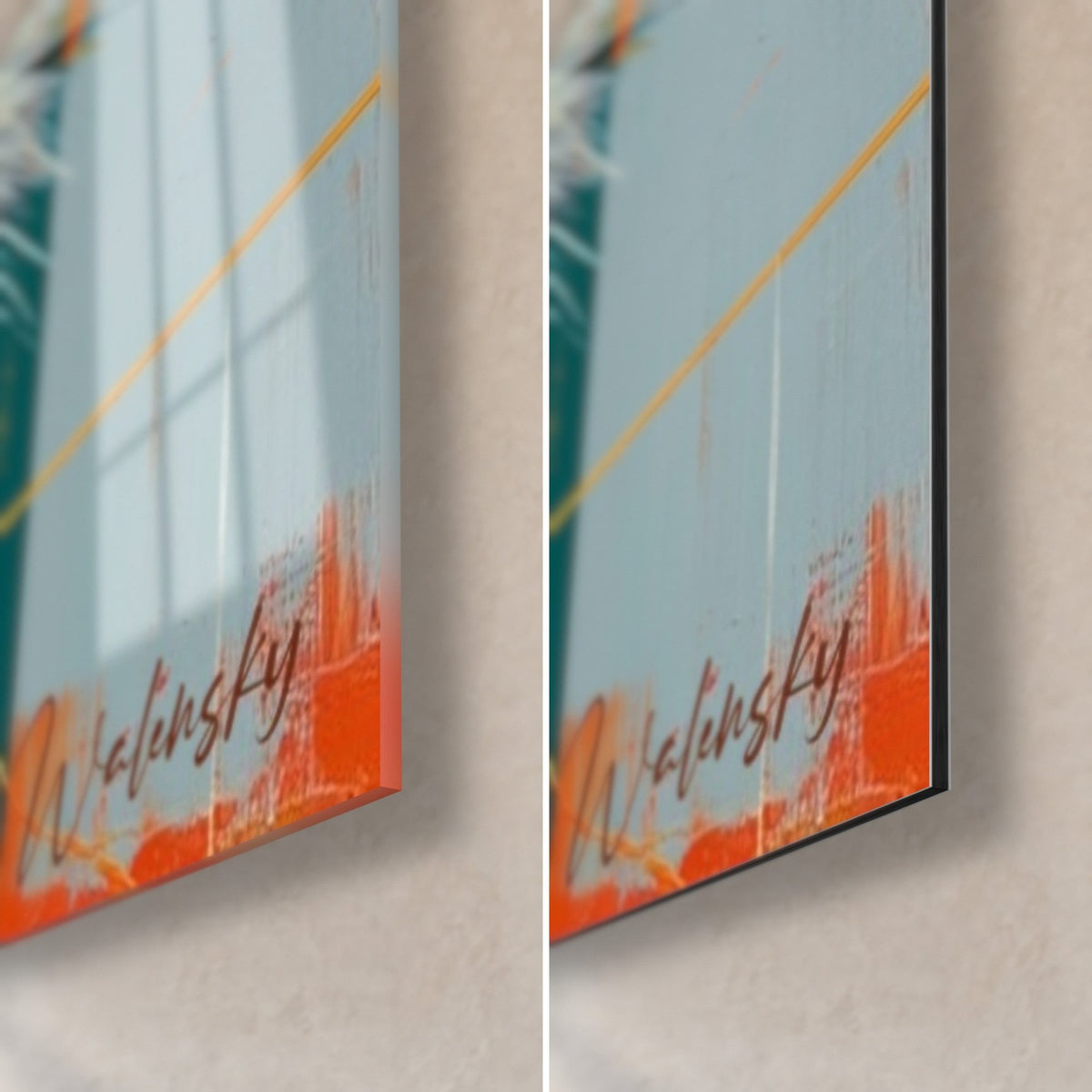 Tableau hérisson, coin bas droit : signature Walensky sur orange vif et bleu-gris, verre brillant à gauche, Dibond noir mat à droite