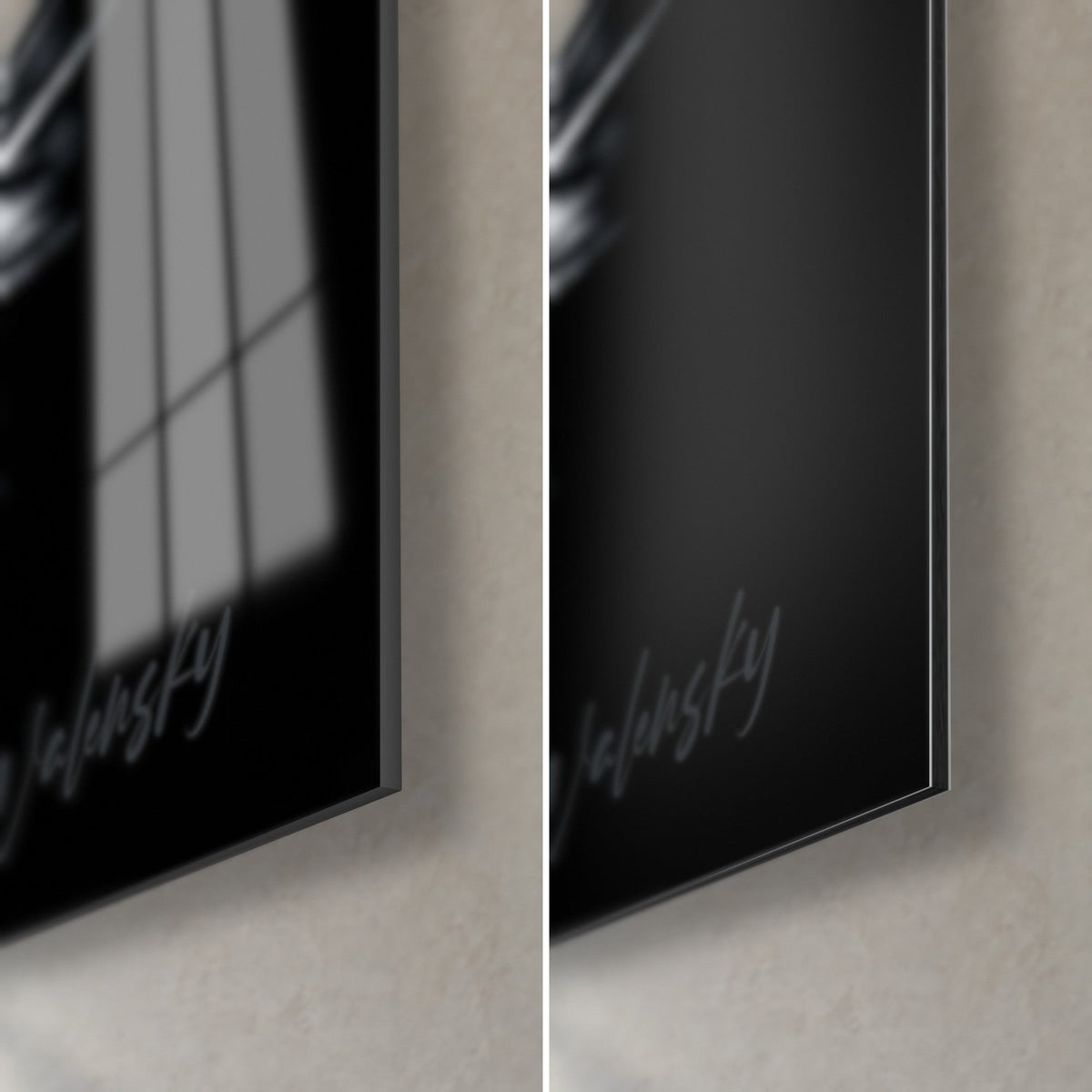 Tableau hérisson en noir et blanc, coin bas droit : verre acrylique brillant à reflets et alu Dibond mat, tranche de 3 mm