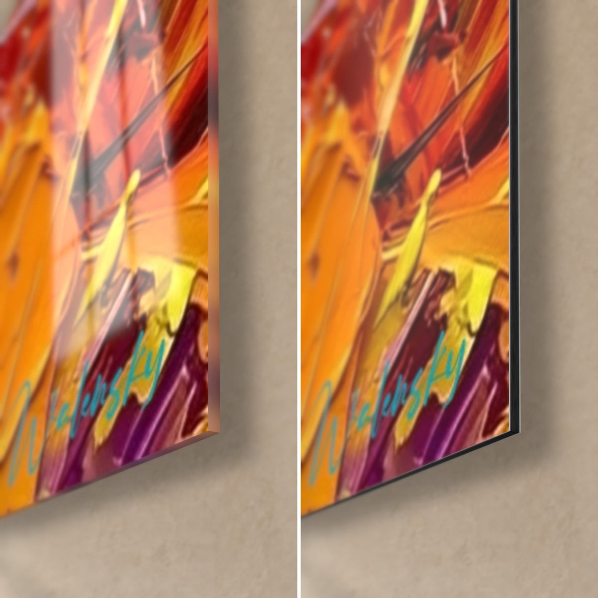 Wall art small hedgehog in thick paint, orange and purple corner bottom right, shiny glass on the left, matte Dibond on the right
