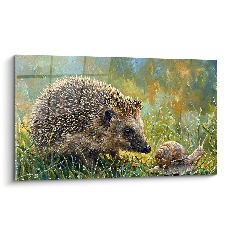 Tableau Hérisson aux Tons Dorés et Verts Rencontrant un Escargot dans l'Herbe Matinale - Rencontre Champêtre - Edition Hérisson