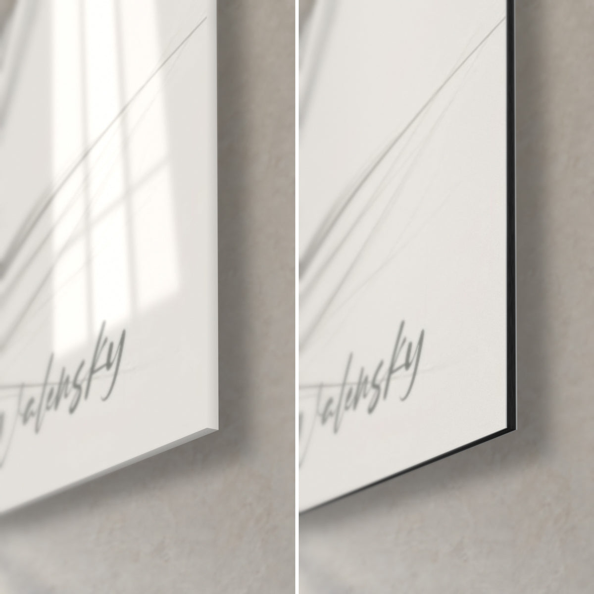 Wall art black and white hedgehog drawing, grey Walensky signature bottom right, glossy glass on the left, matte black Dibond on the right