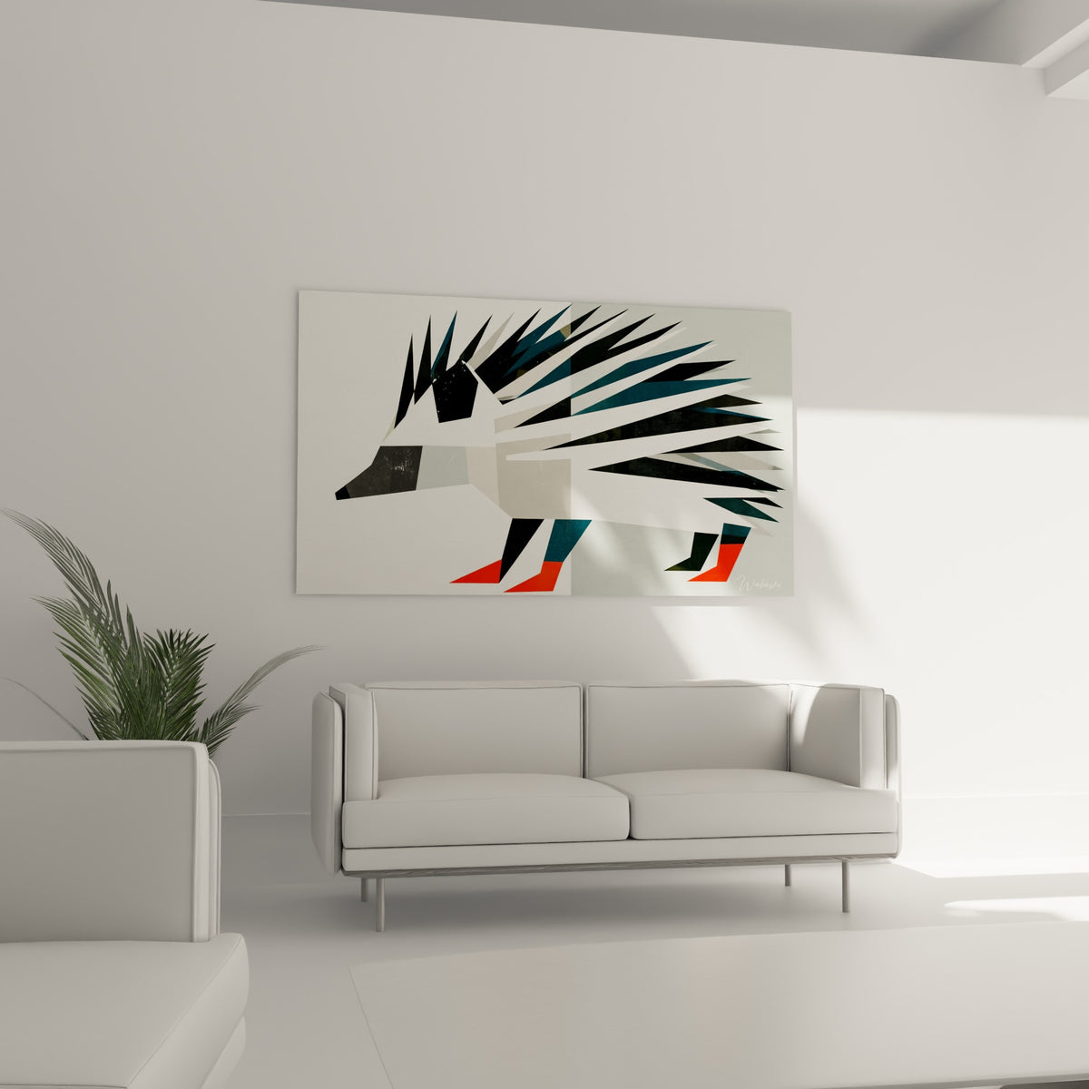 Piquants graphiques noirs et orangés composant un hérisson stylisé, au-dessus d'un canapé dans un salon lumineux