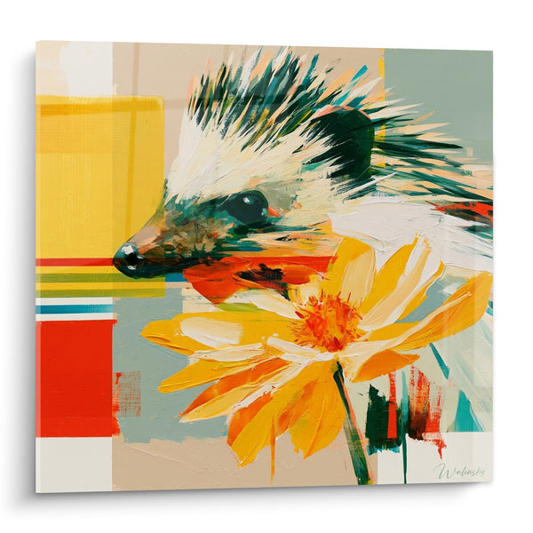 Tableau Hérisson profil turquoise et fleur dorée - Curiosité fleurie - Edition Hérisson