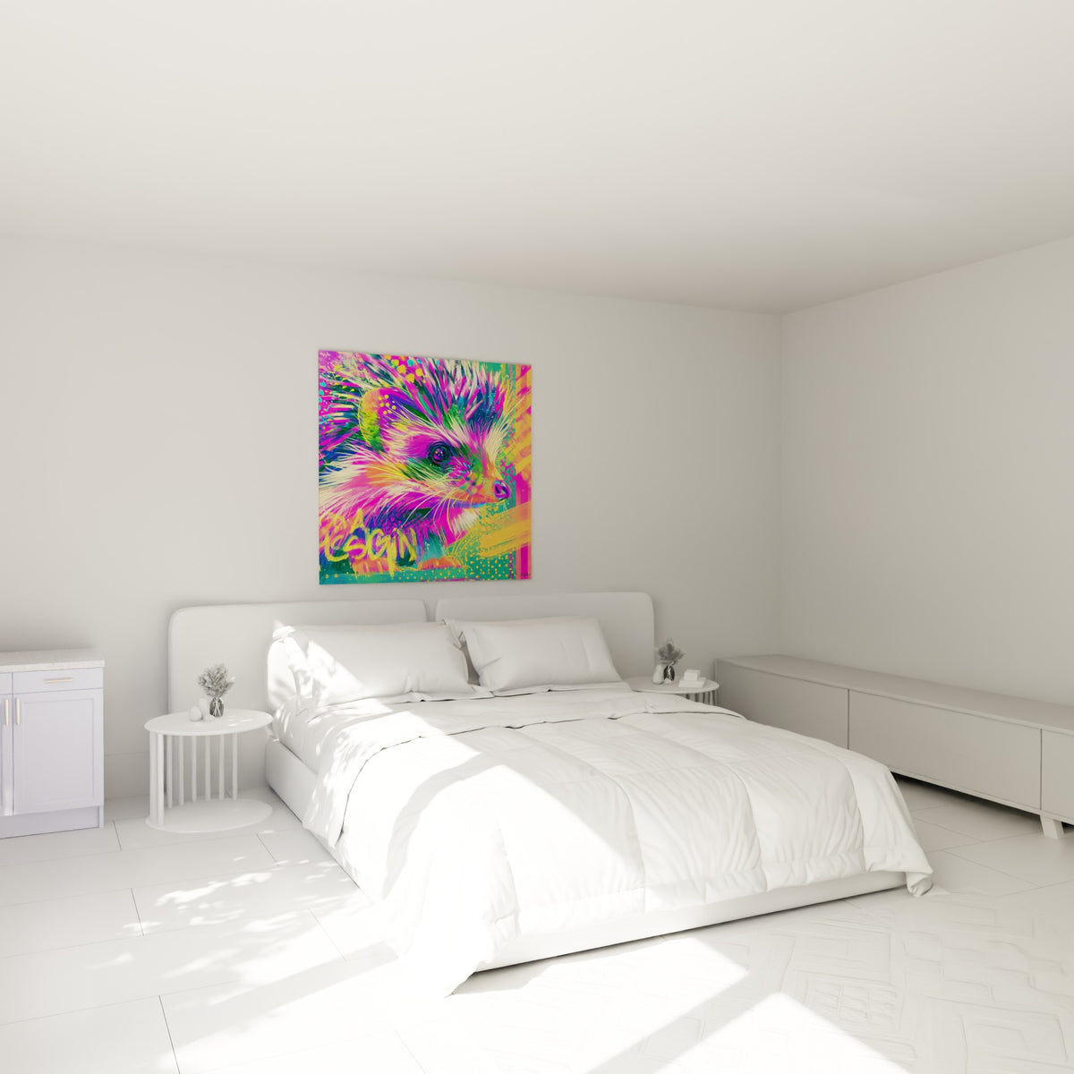 Museau orangé et piquants rose fluo du hérisson accrochés au-dessus d'un lit dans une chambre claire
