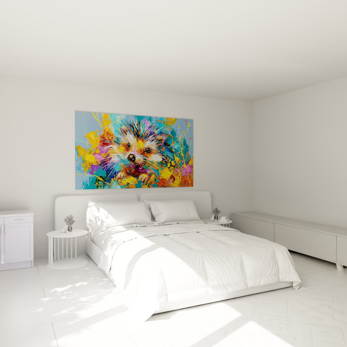 Petit hérisson coloré aux teintes violettes et jaunes accroché au-dessus d'un lit dans une chambre claire