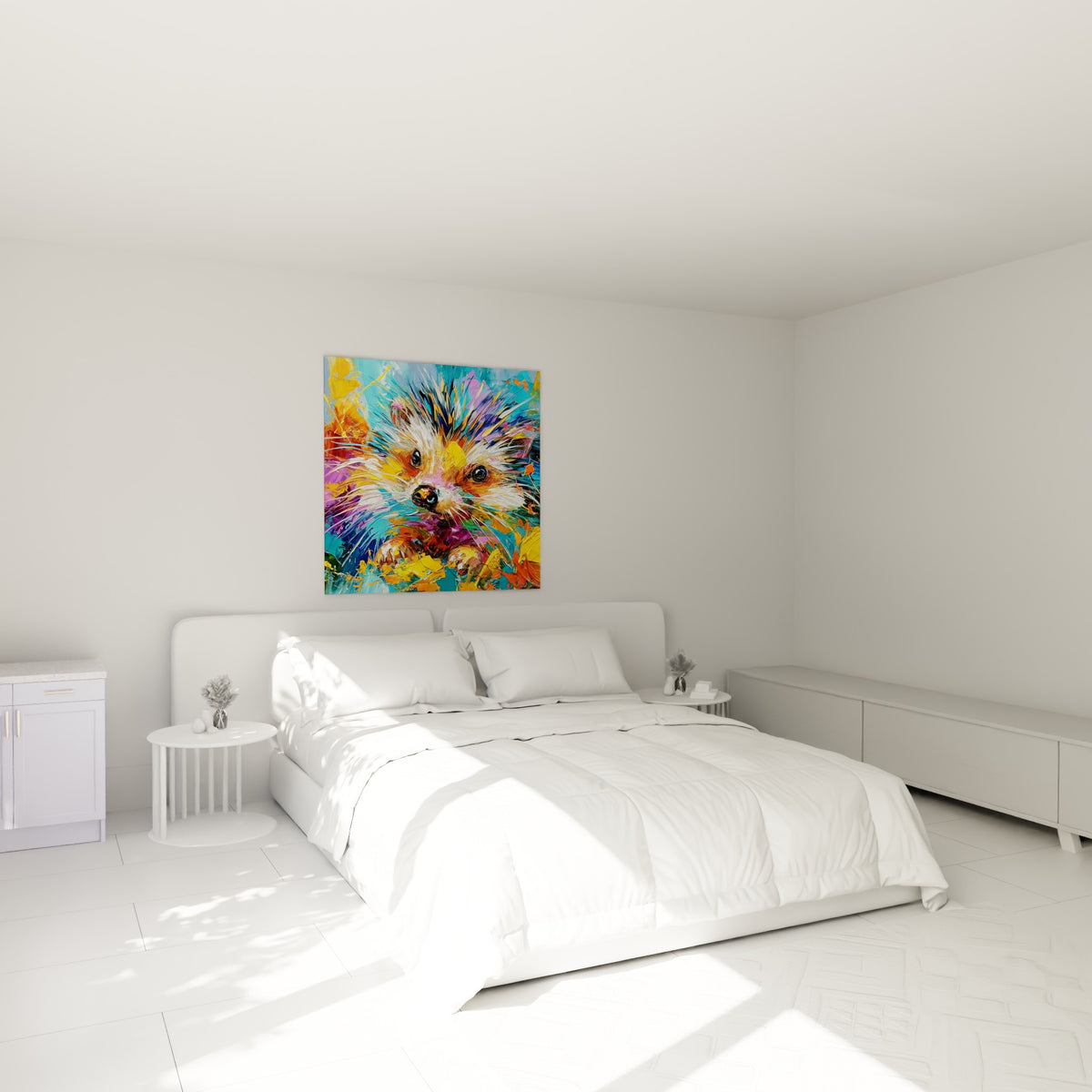 Petit hérisson expressif aux teintes violettes et dorées au-dessus d'un lit dans une chambre claire