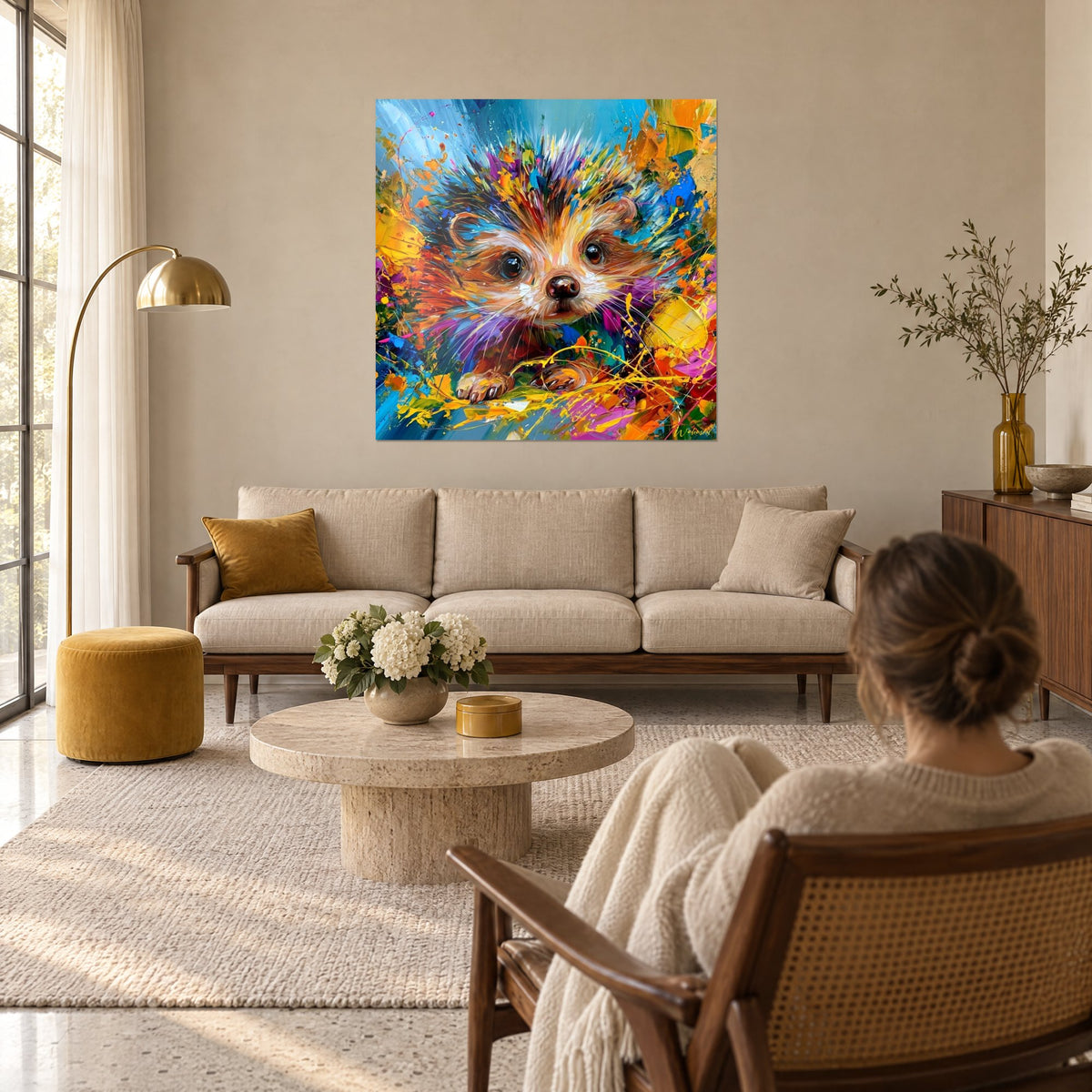 Tableau hérisson en peinture au couteau, piquants violets et orange, ciel bleu turquoise, au-dessus d'un canapé dans un salon lumineux