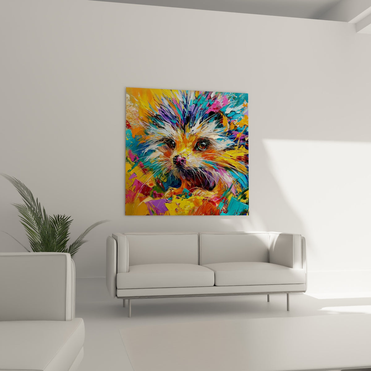 Yeux sombres et intenses d'un hérisson coloré en orange et violet, placé au-dessus d'un canapé dans un salon lumineux