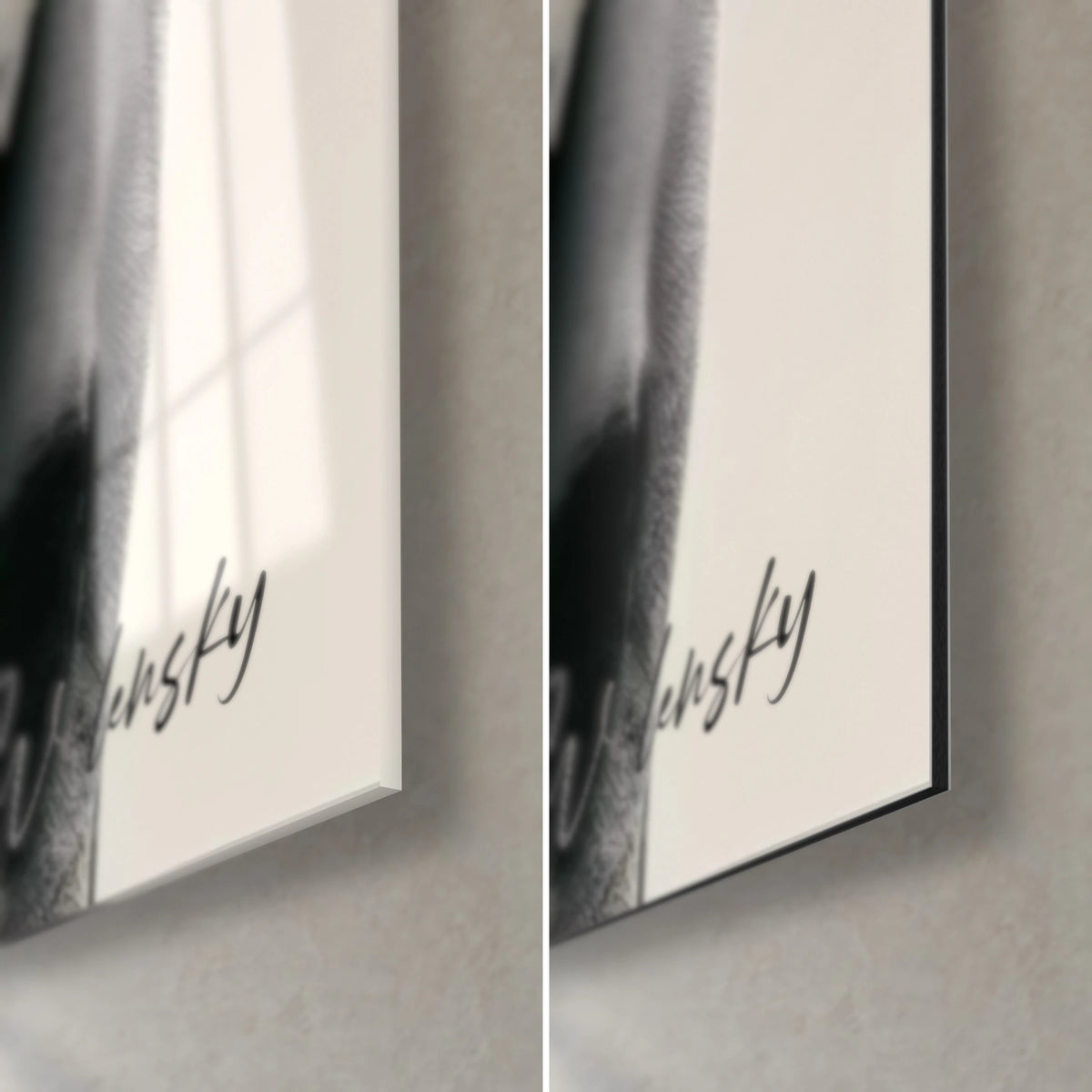Wall art desert animal in silvery grey, lower right corner of the signature, glossy acrylic glass on the left, matte black Dibond on the right