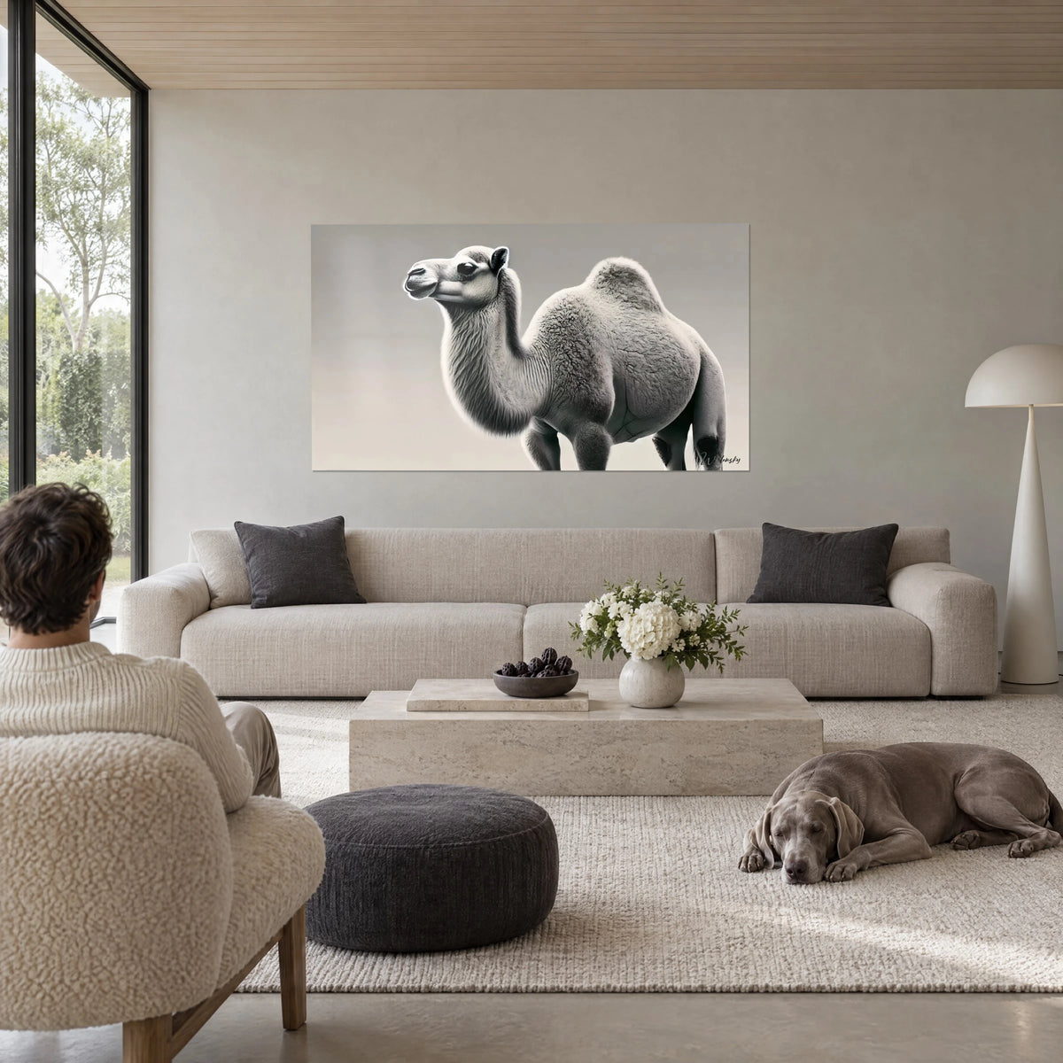 Wall art black and white Bactrian camel, woolly pearl-grey coat and rounded hump, above a sofa in a bright living room