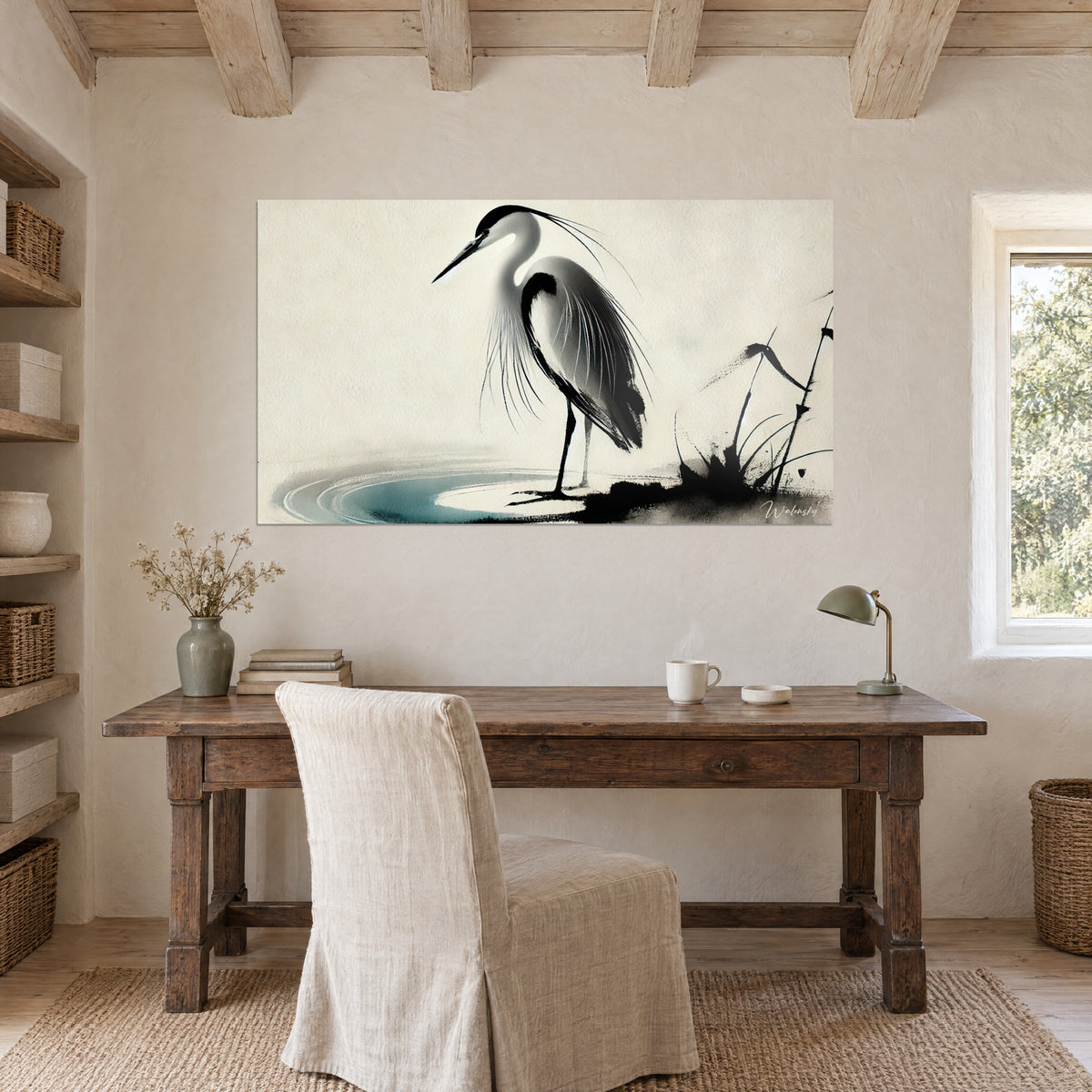 Tableau silhouette de héron à l'aigrette noire, fond ivoire texturé et reflet turquoise, accroché au-dessus d'un bureau en bois